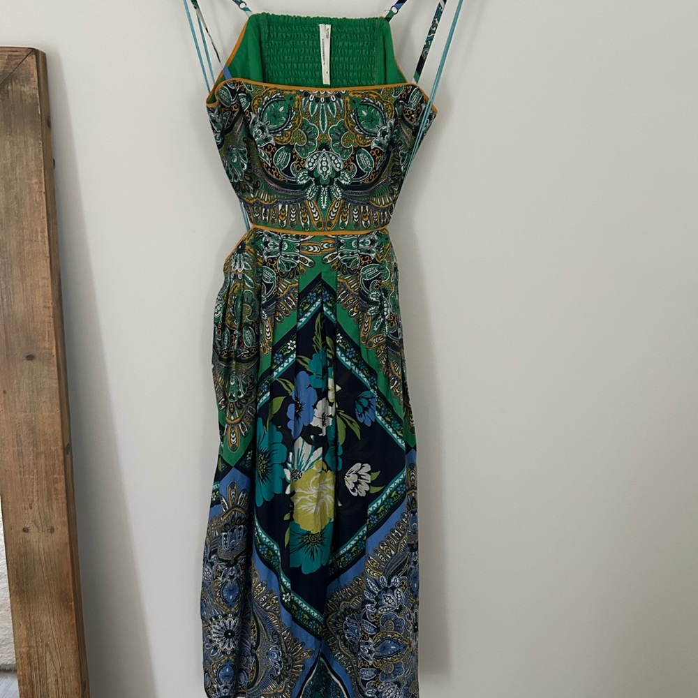 Anthropologie Green and Blue Floral Maxi Dress